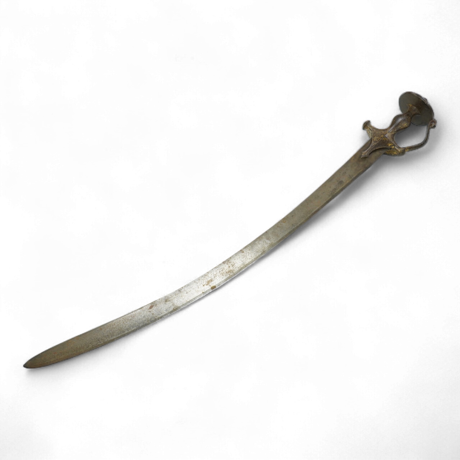 An Indian sword tulwar c.1800 with broad curved single edged blade, iron hilt with traces of gilding and unusual side guard